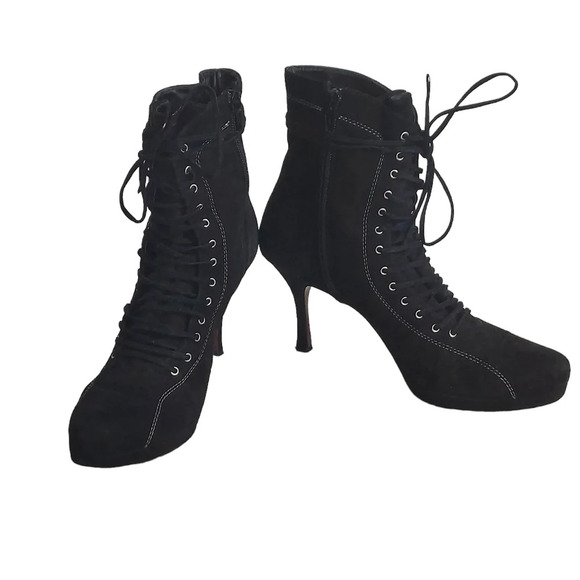 Vintage 90's Y2K Black Suede Platform Lace Up Boots Goth Witchcore Sexy - Picture 14 of 16